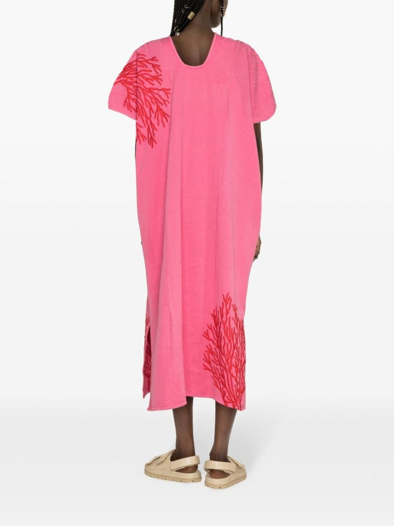 Pink Embroidered Cotton Midi Dress