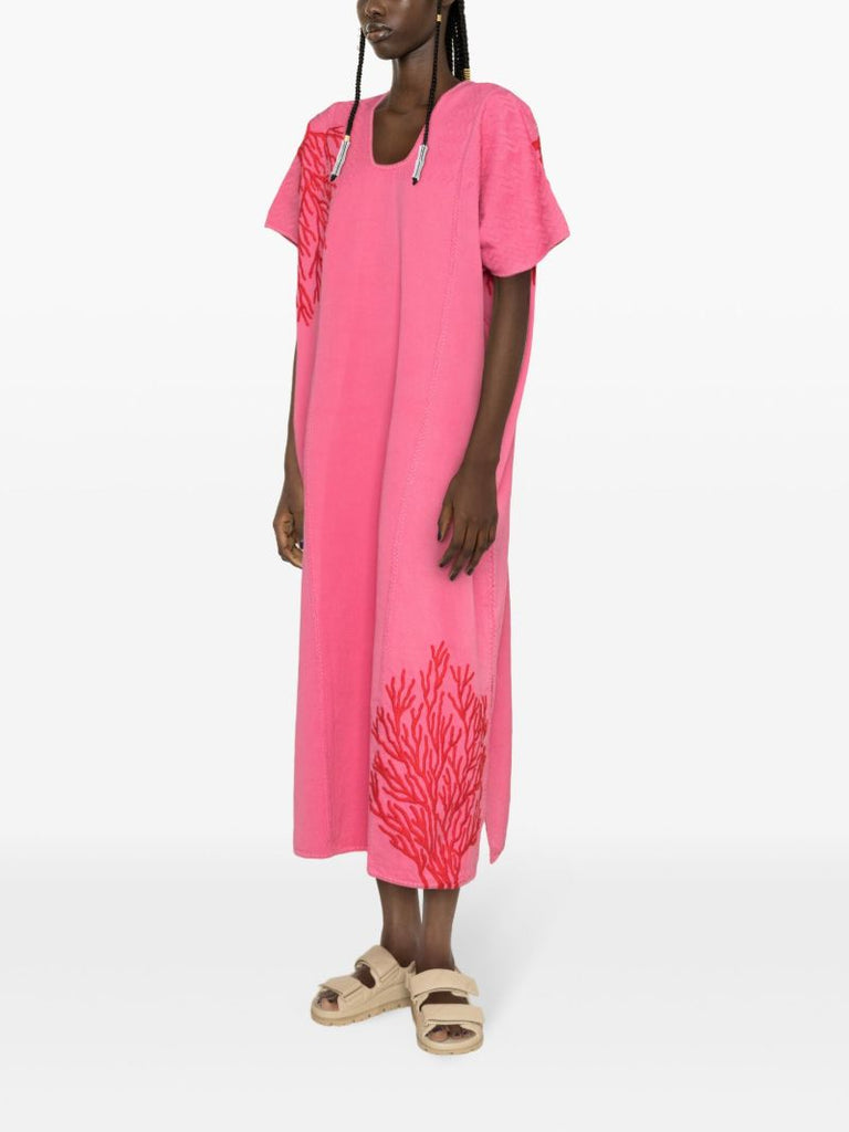 Pink Embroidered Cotton Midi Dress