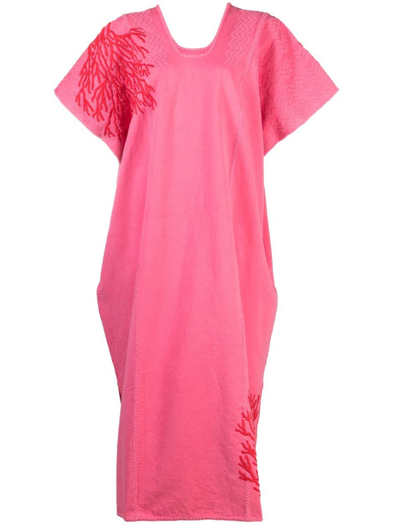 Pink Embroidered Cotton Midi Dress