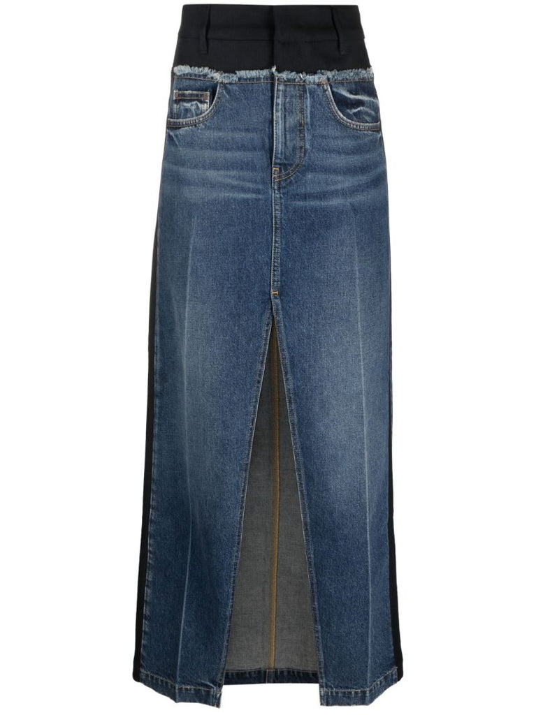 Blue Layered Denim Maxi Skirt