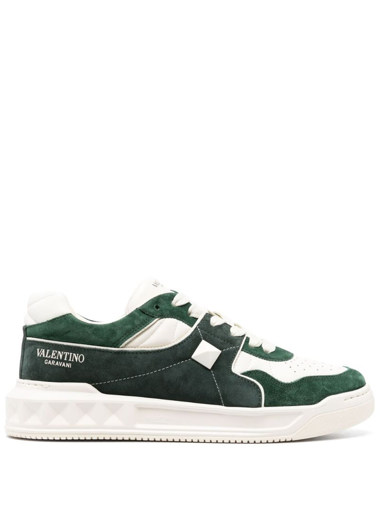 Green and White One Stud Logo-print Sneakers
