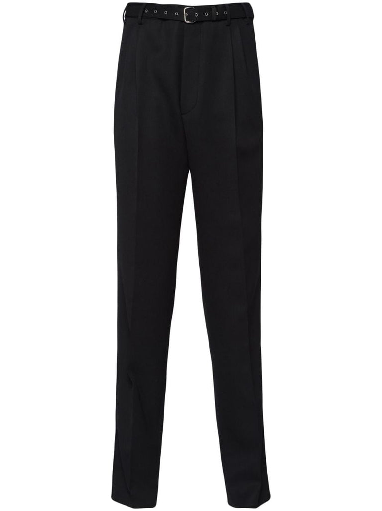 Black Belted Wool Tapered Trousers