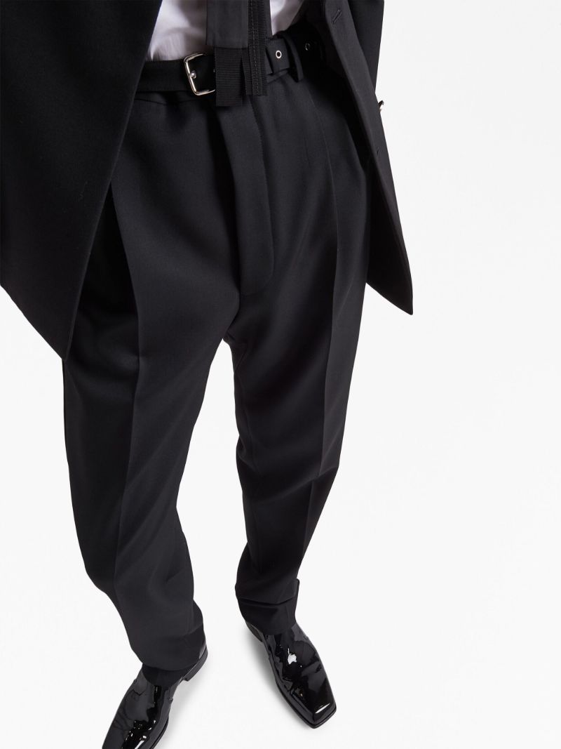 Black Belted Wool Tapered Trousers
