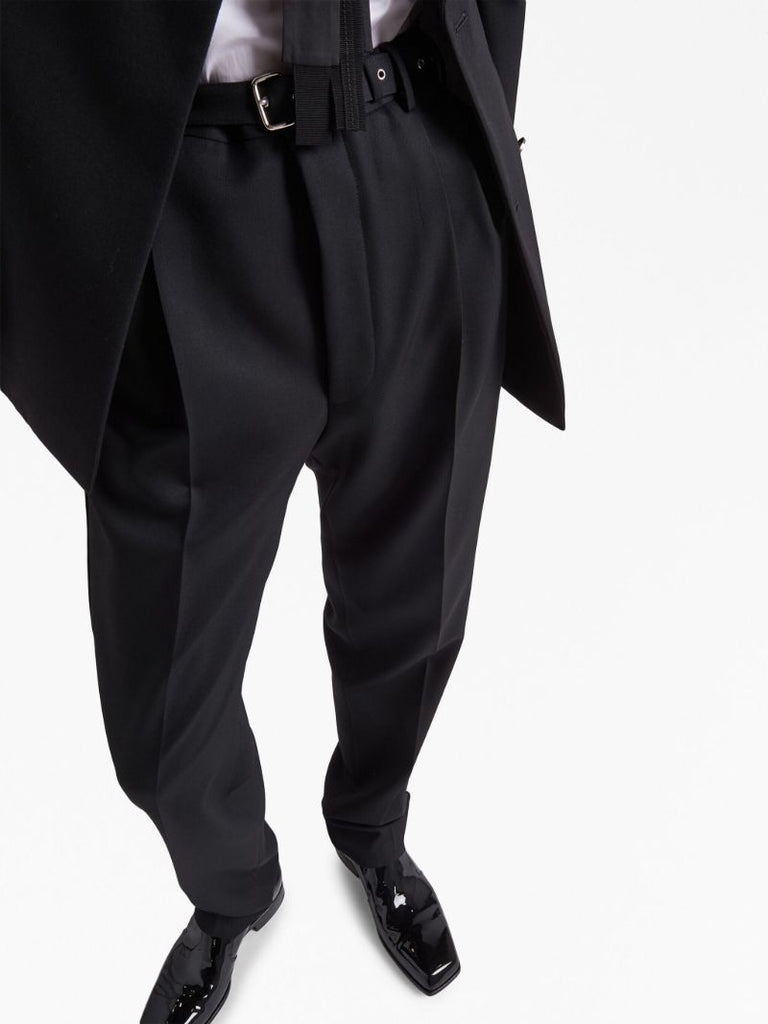 Black Belted Wool Tapered Trousers