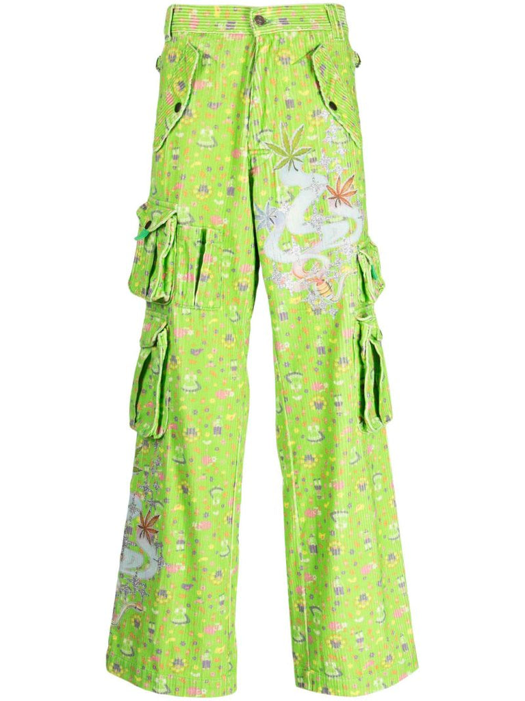 Green Graphic-print Cotton Corduroy Cargo Trousers