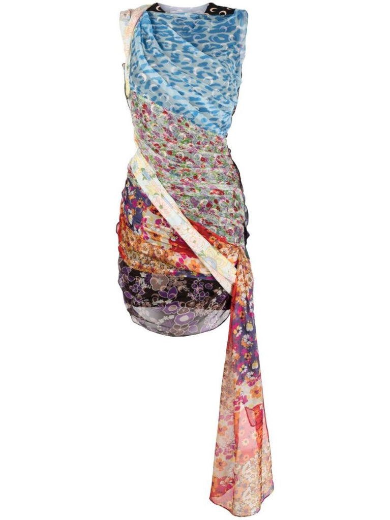 Blue Regenerated Silk Scarves Draped Mini Dress