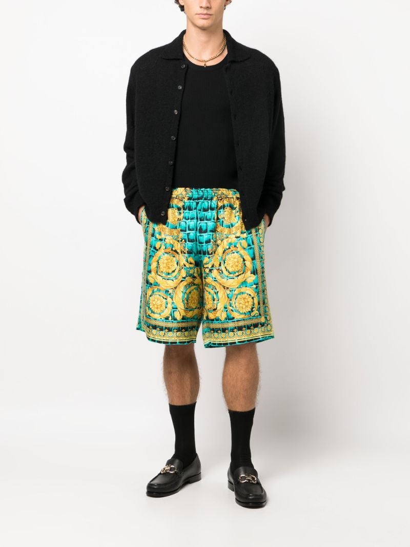 Green Baroccodile-print Silk Shorts
