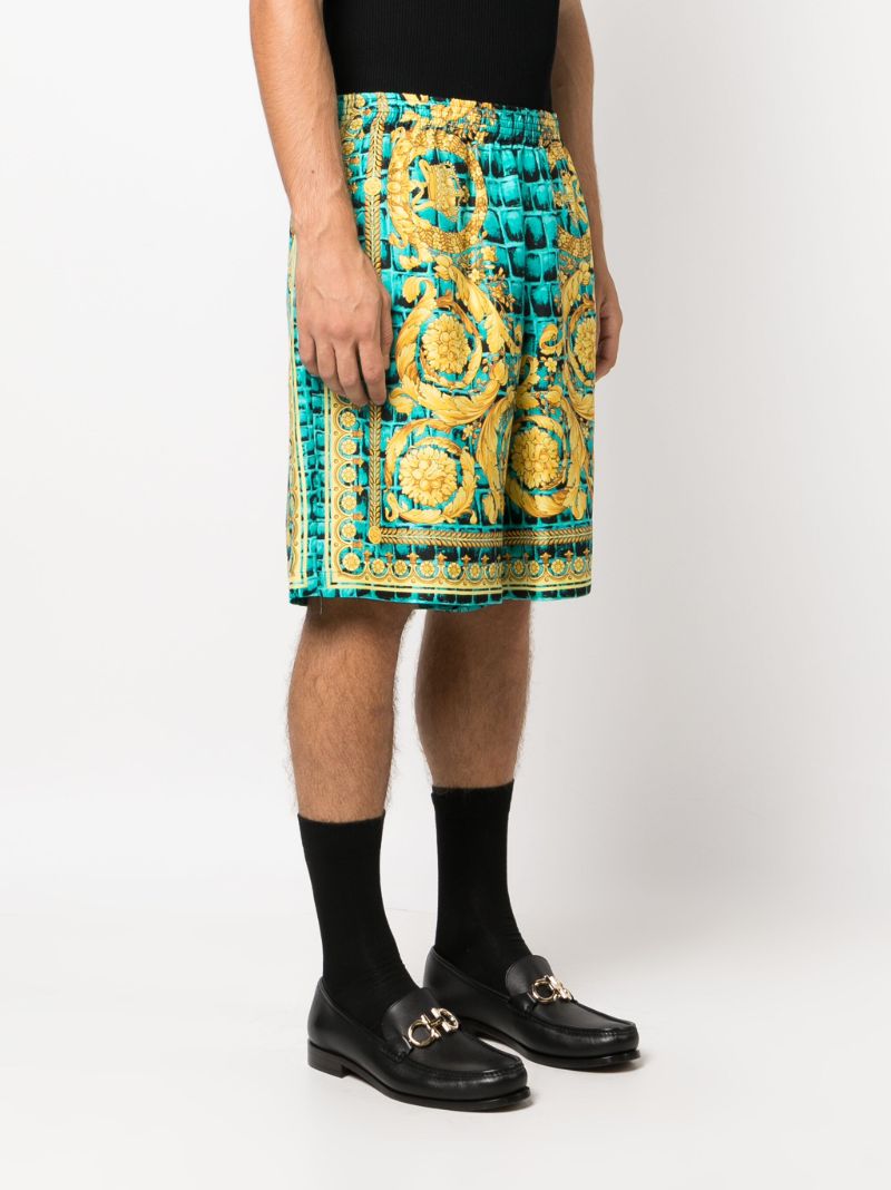 Green Baroccodile-print Silk Shorts