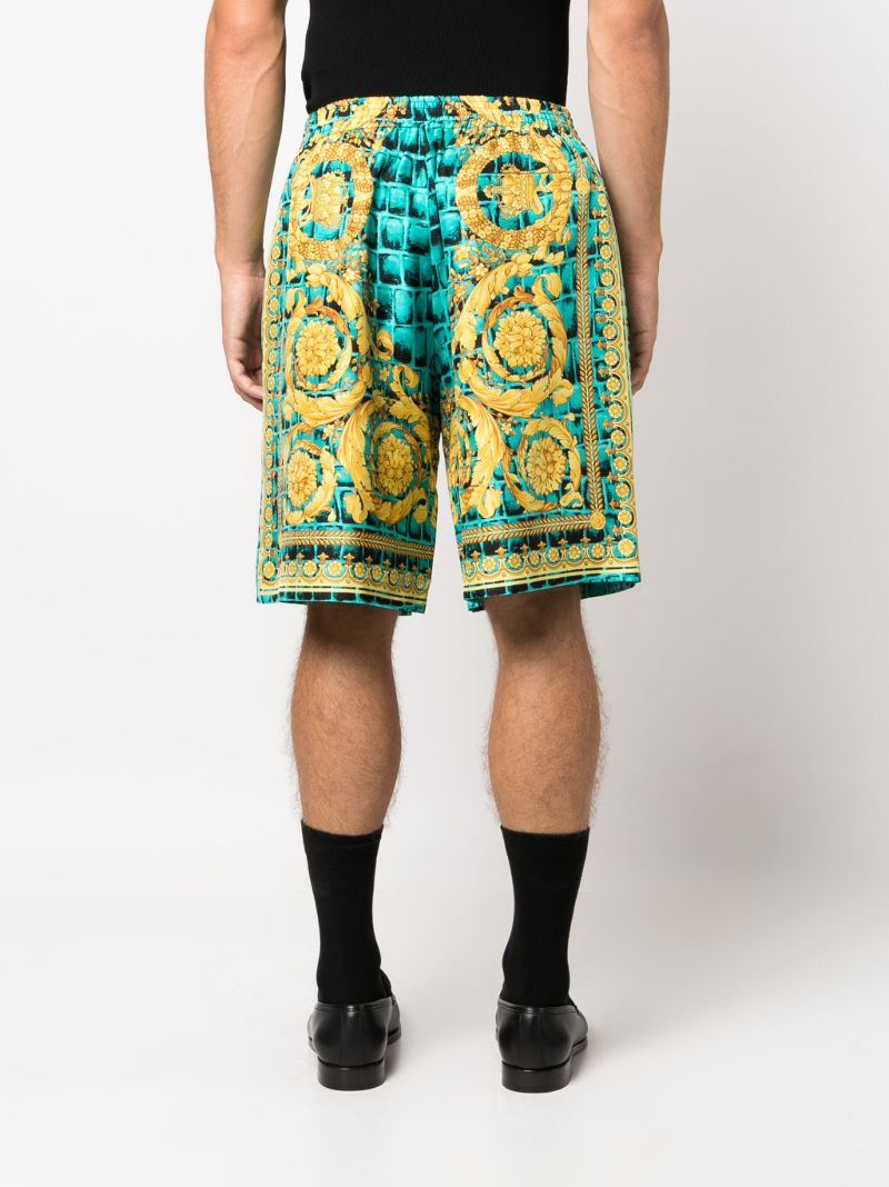 Green Baroccodile-print Silk Shorts