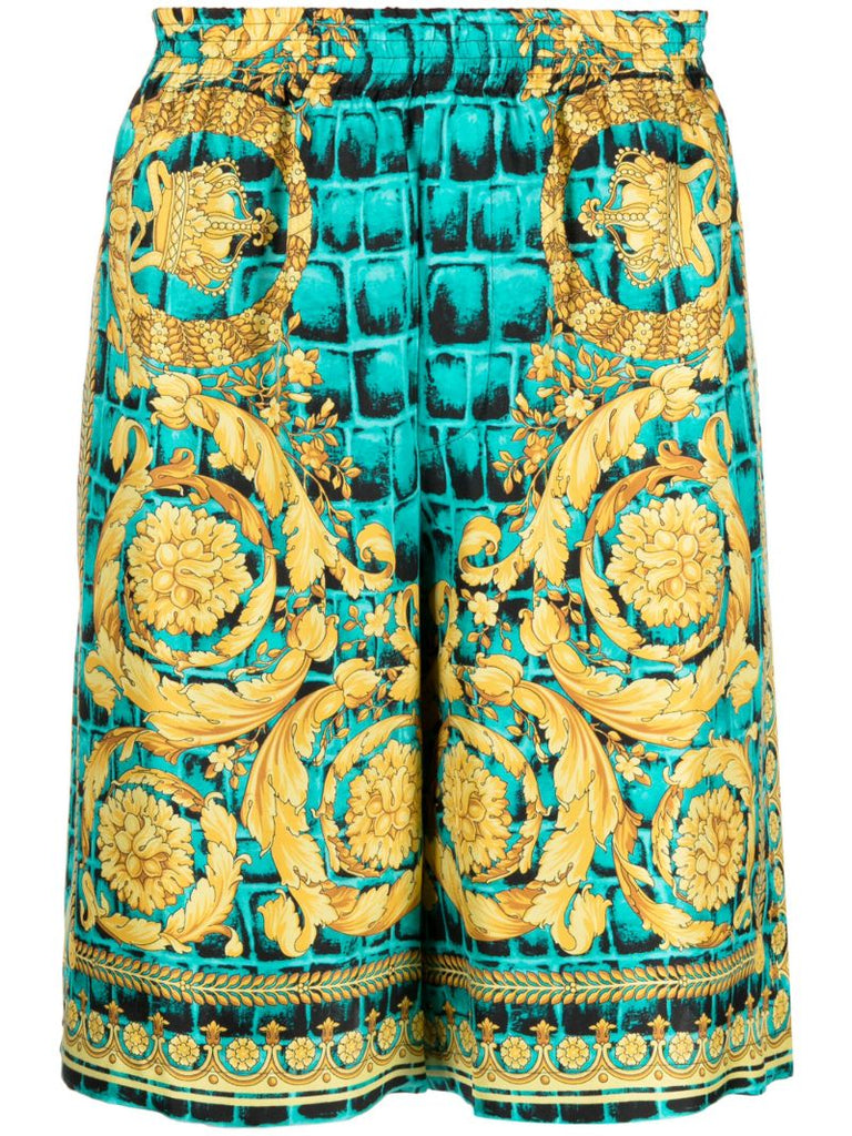 Green Baroccodile-print Silk Shorts