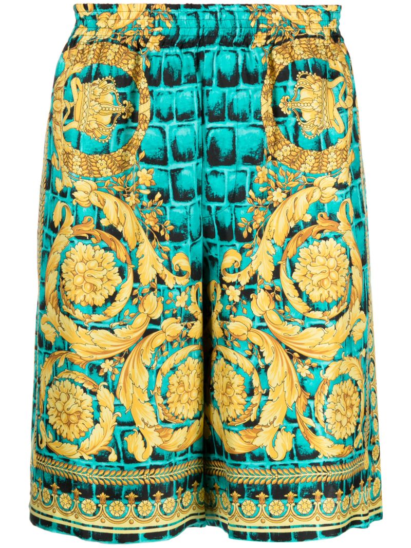 Green Baroccodile-print Silk Shorts