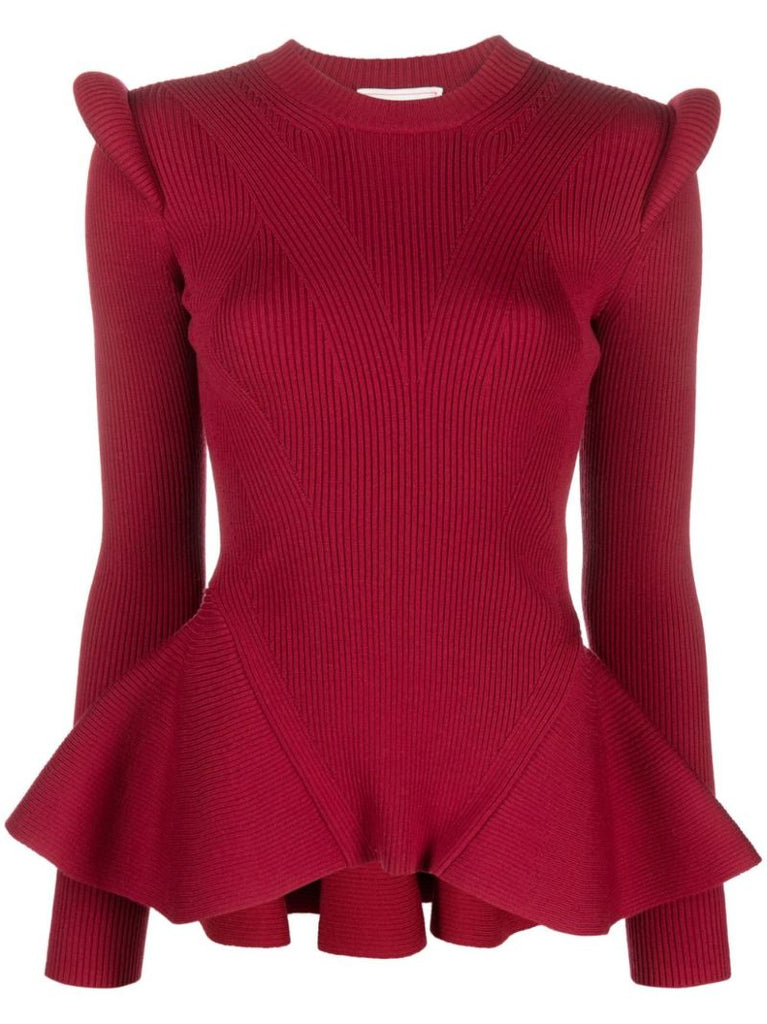 Red Peplum Wool-blend Sweater