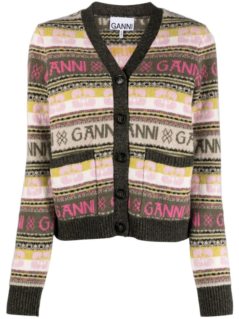 Green Logo-intarsia V-neck Cardigan