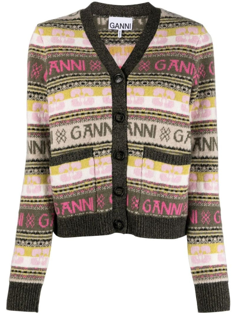 Green Logo-intarsia V-neck Cardigan