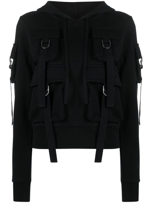 Black Cargo-pockets Cotton Hoodie