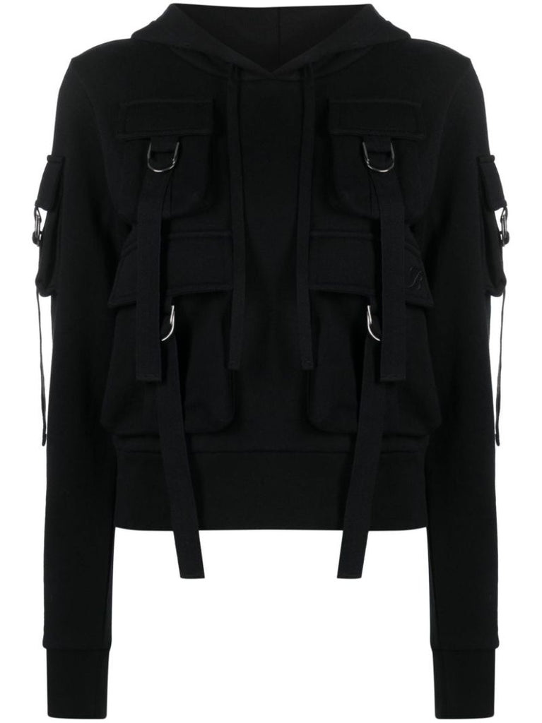 Black Cargo-pockets Cotton Hoodie