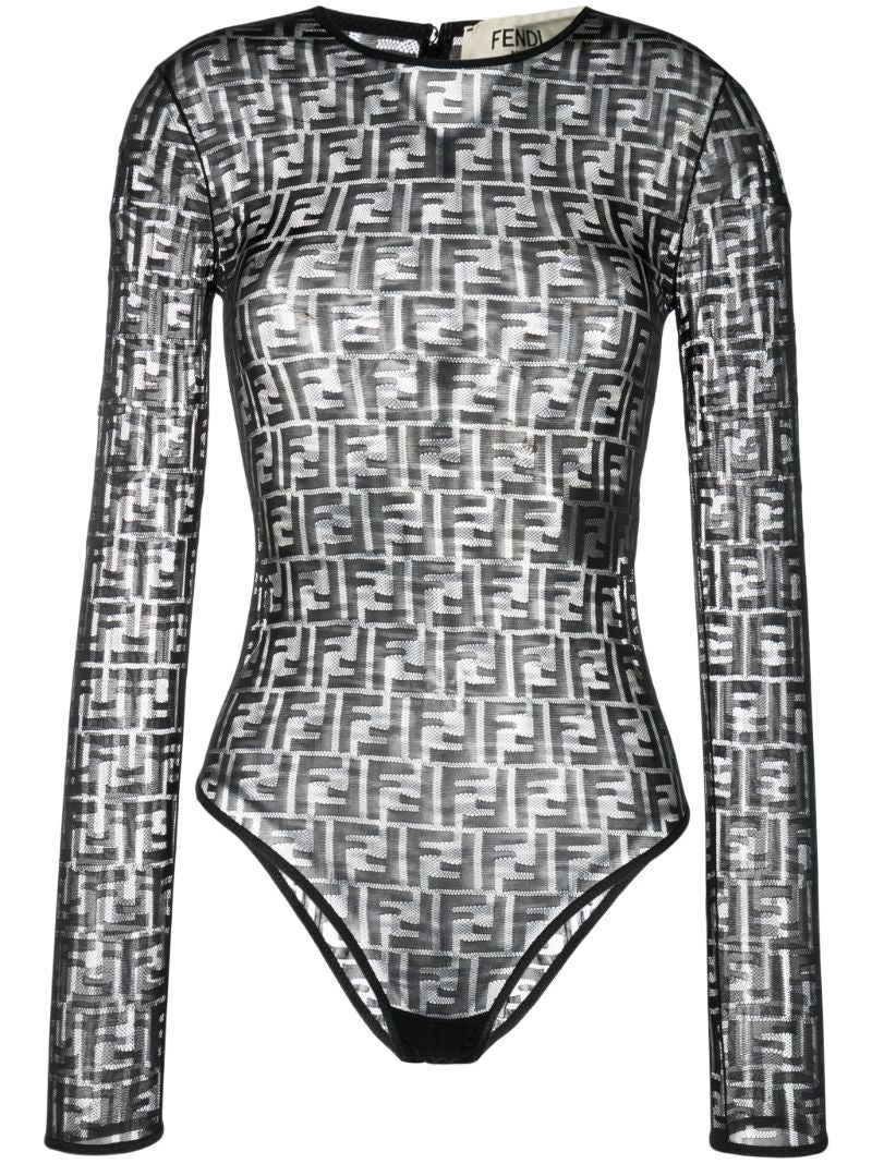 Black Ff-print Sheer Bodysuit