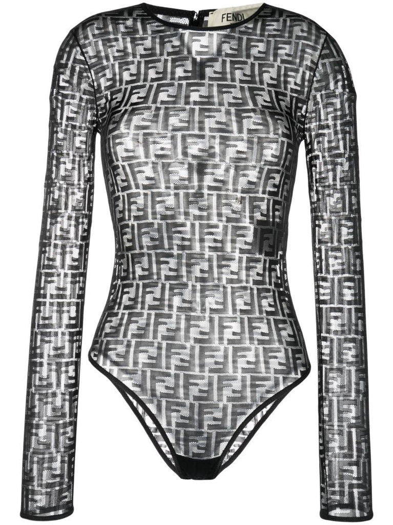 Black Ff-print Sheer Bodysuit