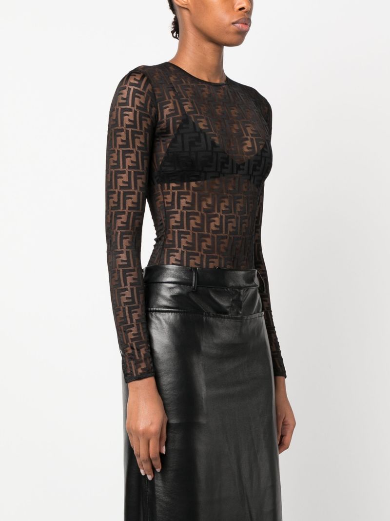 Black Ff-print Sheer Bodysuit