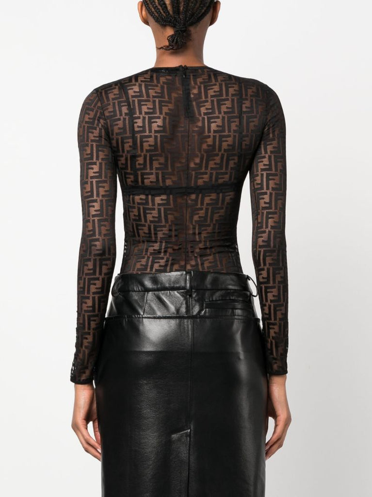 Black Ff-print Sheer Bodysuit
