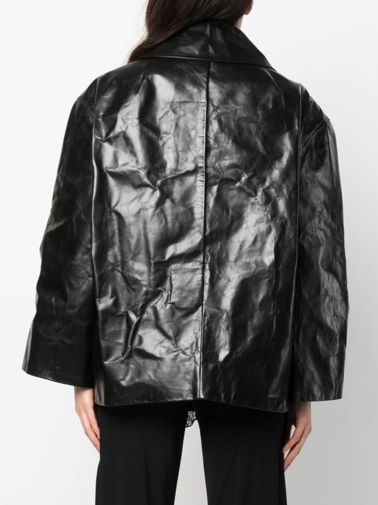Black Drella Crinkled Leather Cropped Jacket