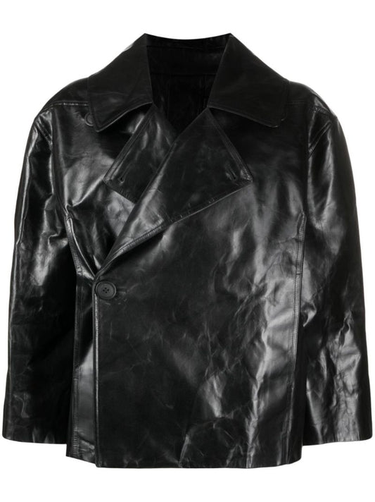 Black Drella Crinkled Leather Cropped Jacket