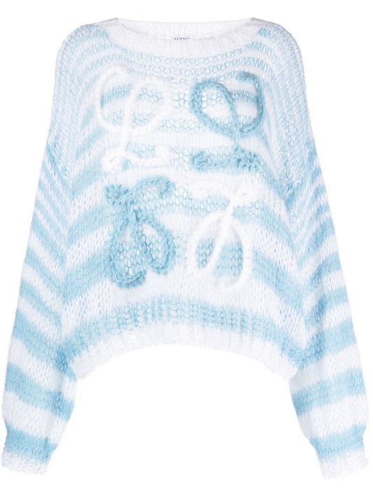 Blue Embroidered-anagram Crochet Jumper