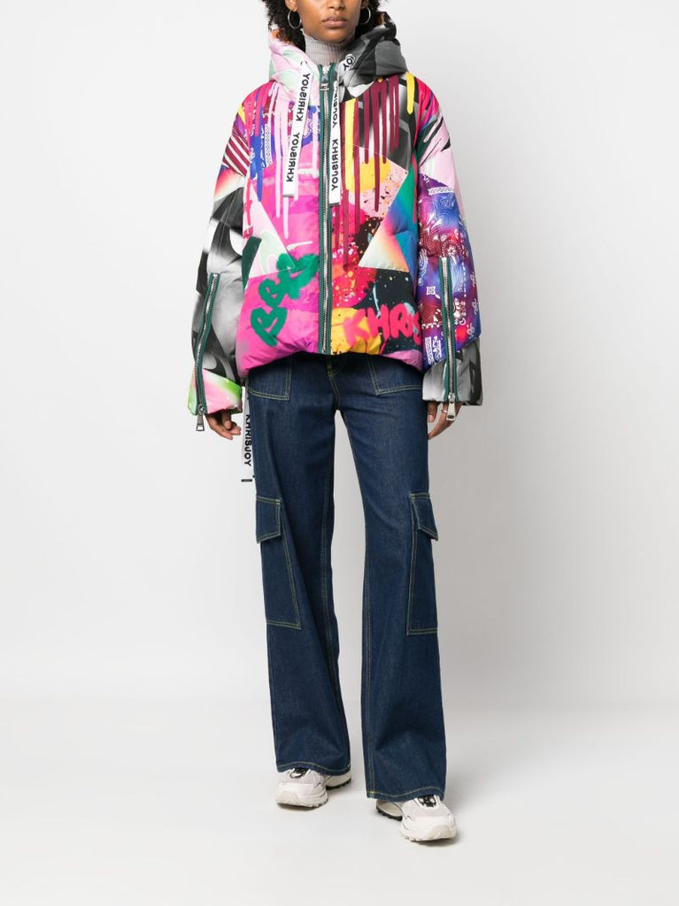Multicolour Graffiti Patch-print Puffer Jacker