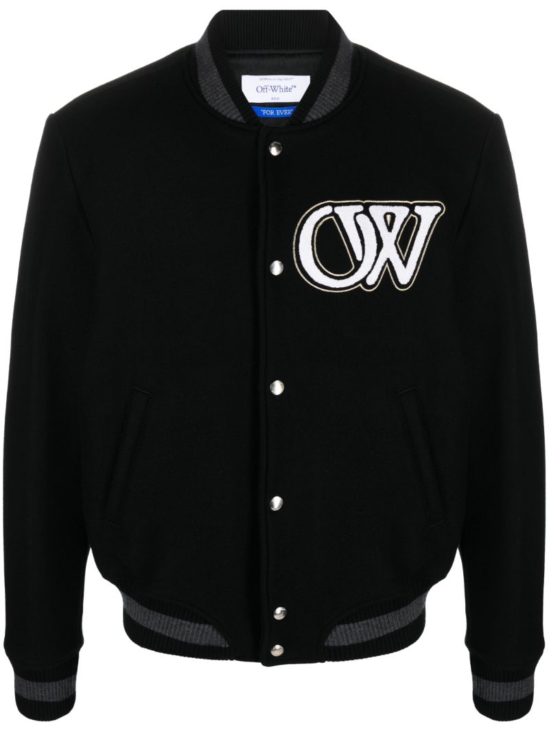 Black Ow Wool Varsity Bomber Jacket