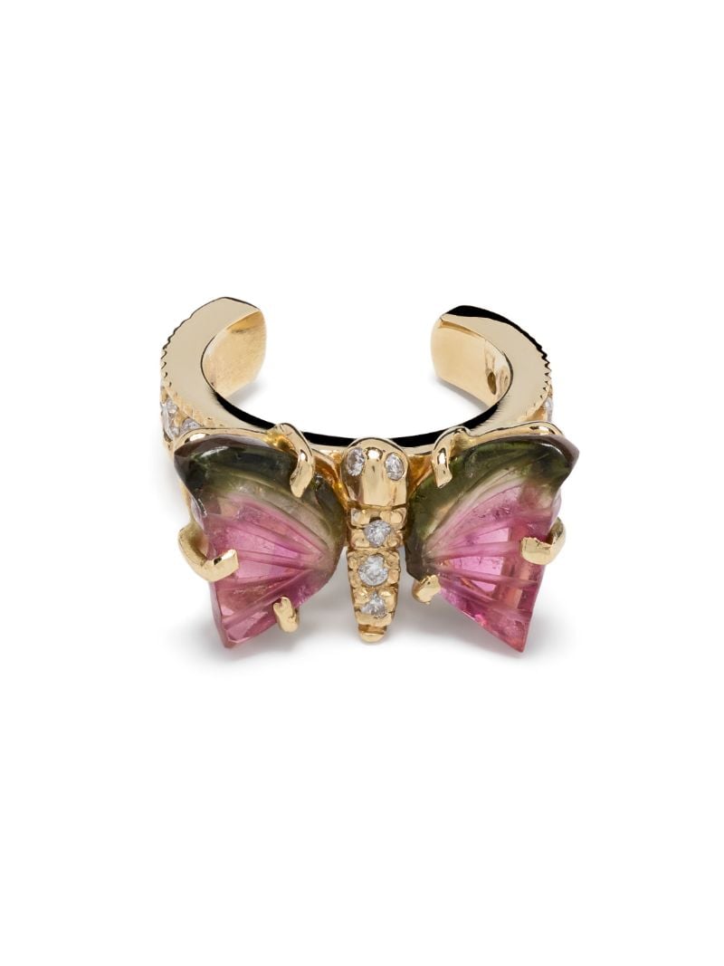 14k Yellow Gold Watermelon Tourmaline Butterfly Ear Cuff