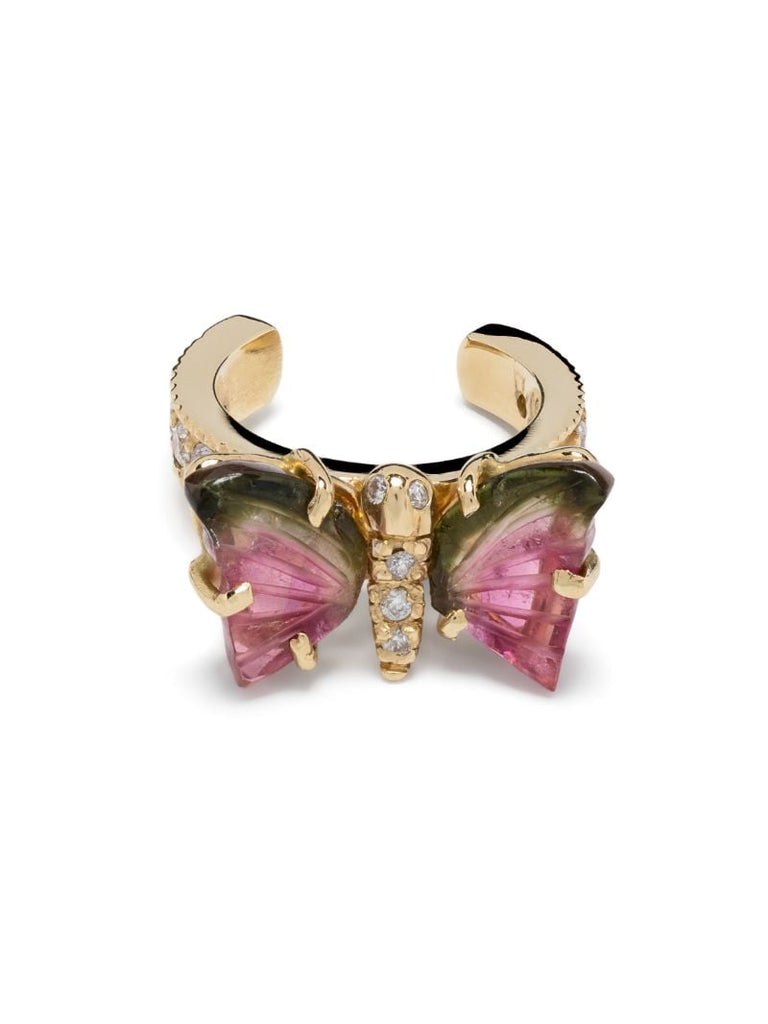 14k Yellow Gold Watermelon Tourmaline Butterfly Ear Cuff