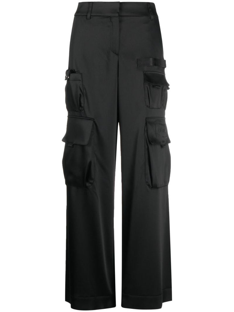 Black Satin Wide-leg Cargo Trousers