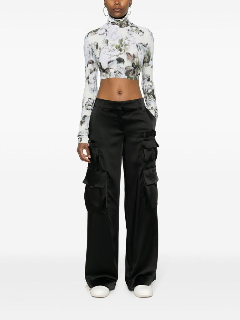 Black Satin Wide-leg Cargo Trousers