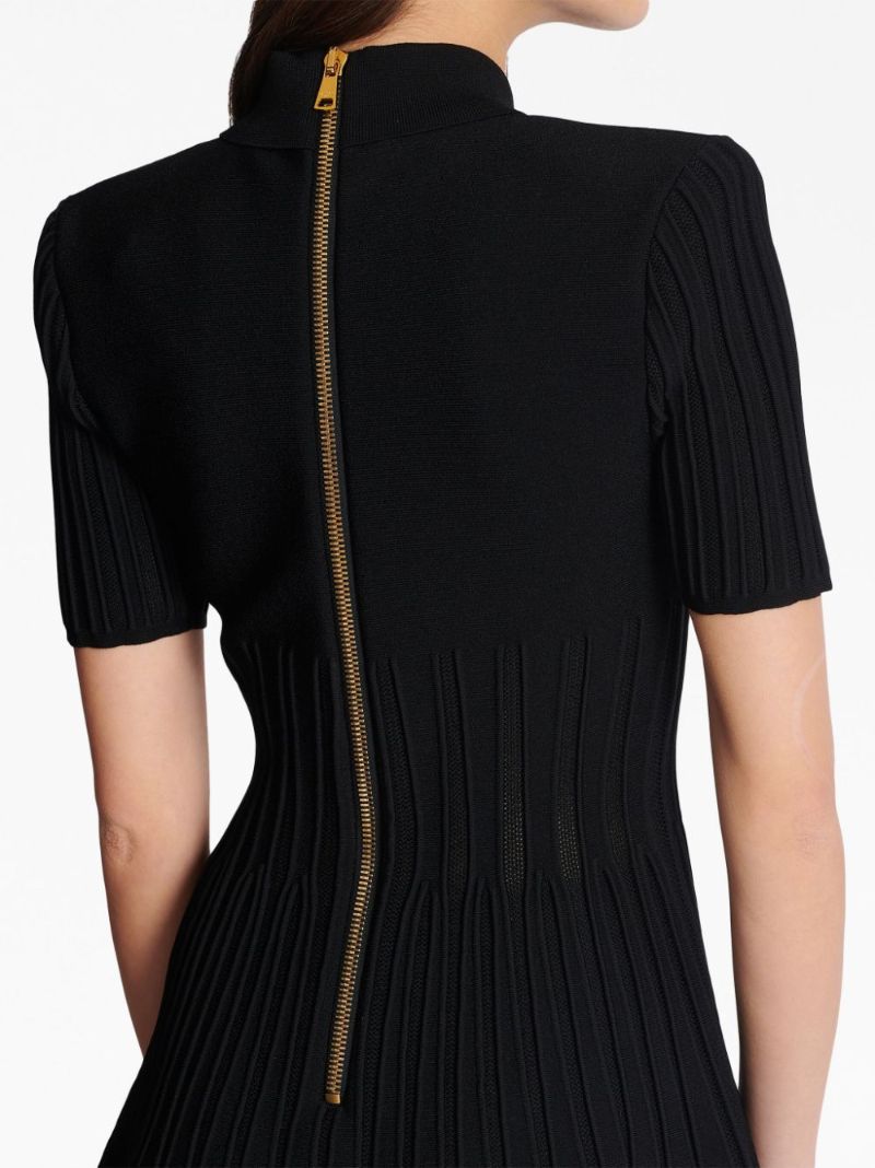 Black Flared Ribbed-knit Mini Dress