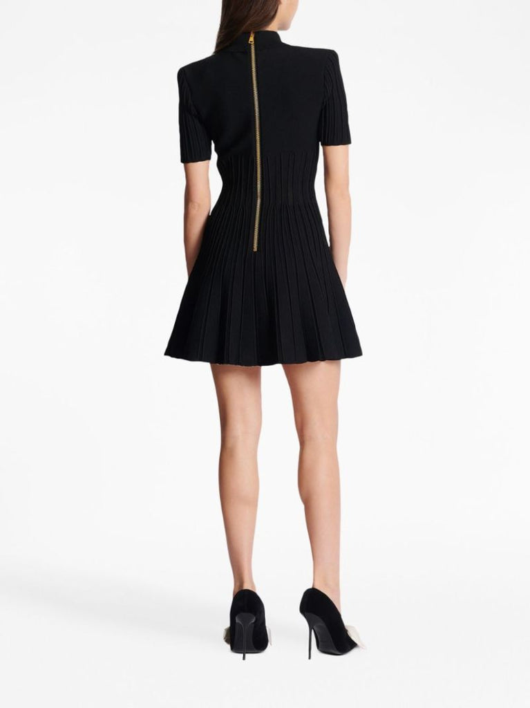 Black Flared Ribbed-knit Mini Dress