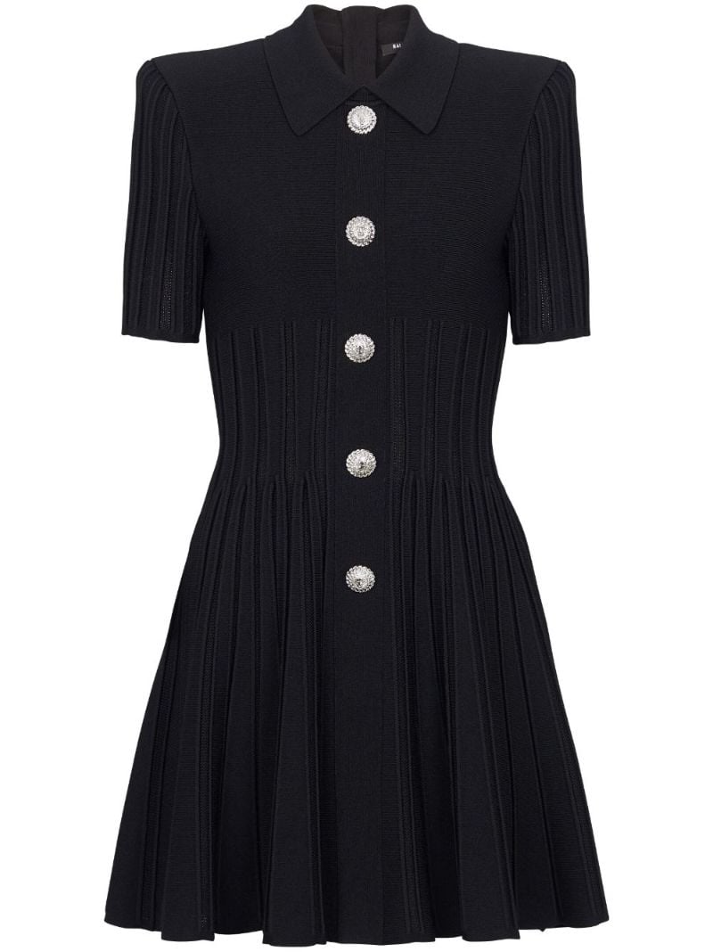 Black Flared Ribbed-knit Mini Dress