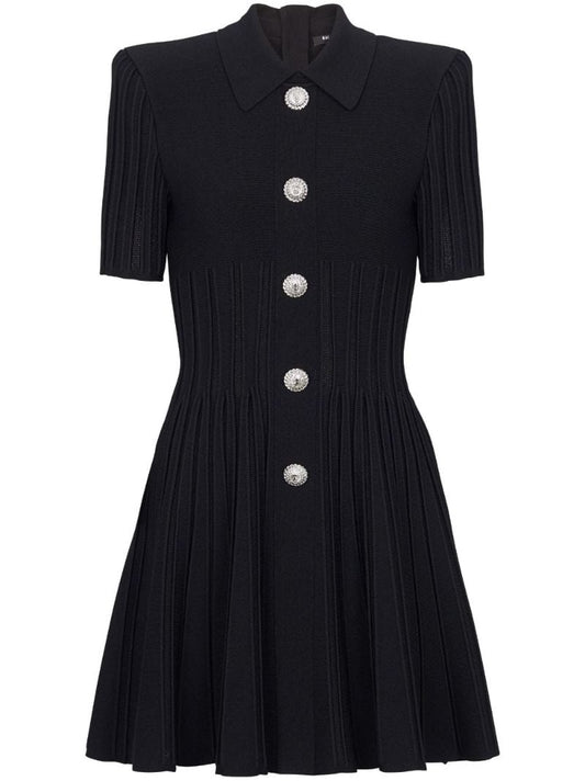 Black Flared Ribbed-knit Mini Dress