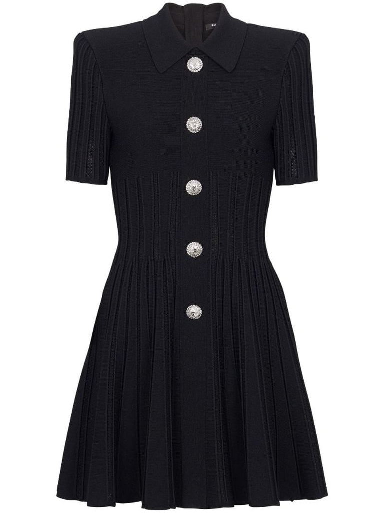Black Flared Ribbed-knit Mini Dress