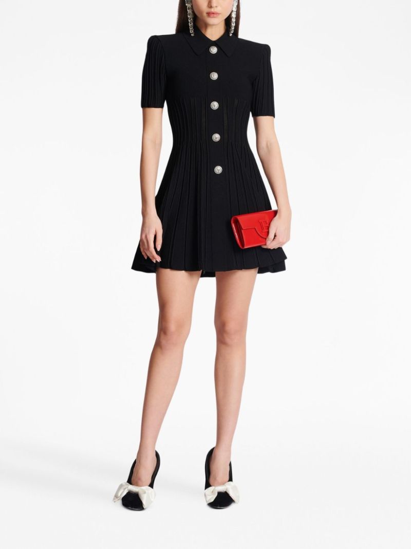 Black Flared Ribbed-knit Mini Dress