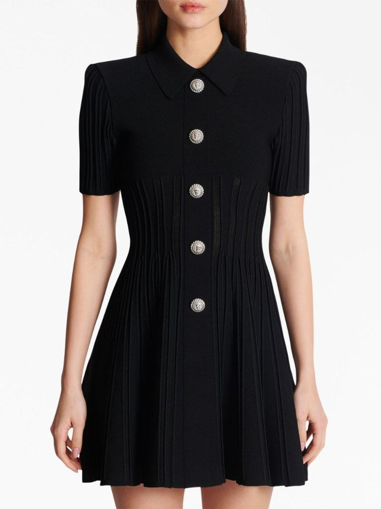 Black Flared Ribbed-knit Mini Dress