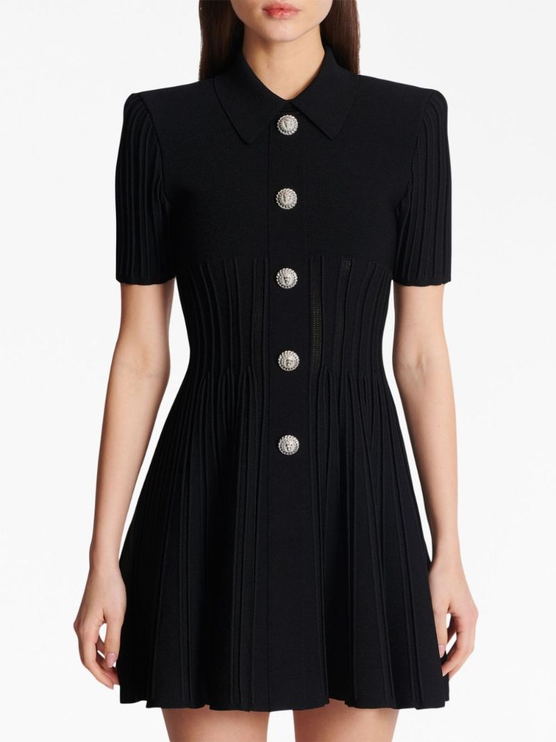Black Flared Ribbed-knit Mini Dress