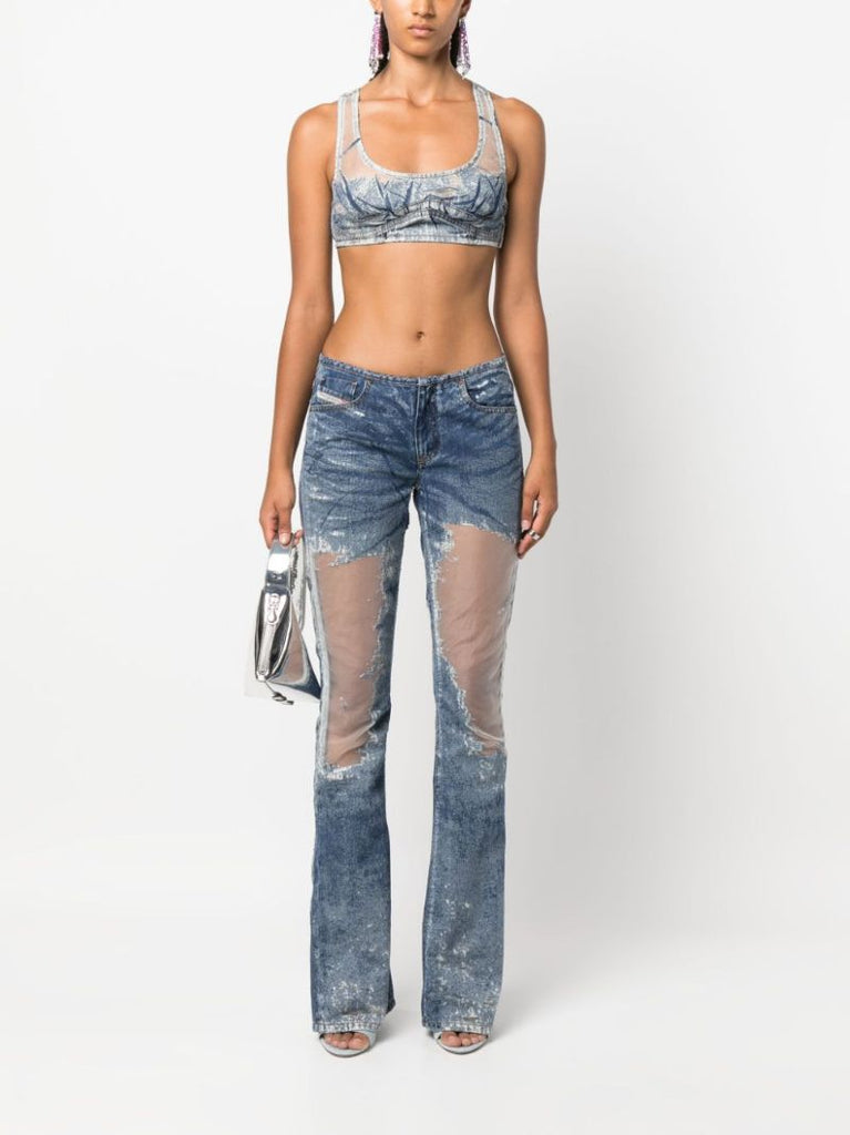 Blue Sheer Panelling Flared Jeans