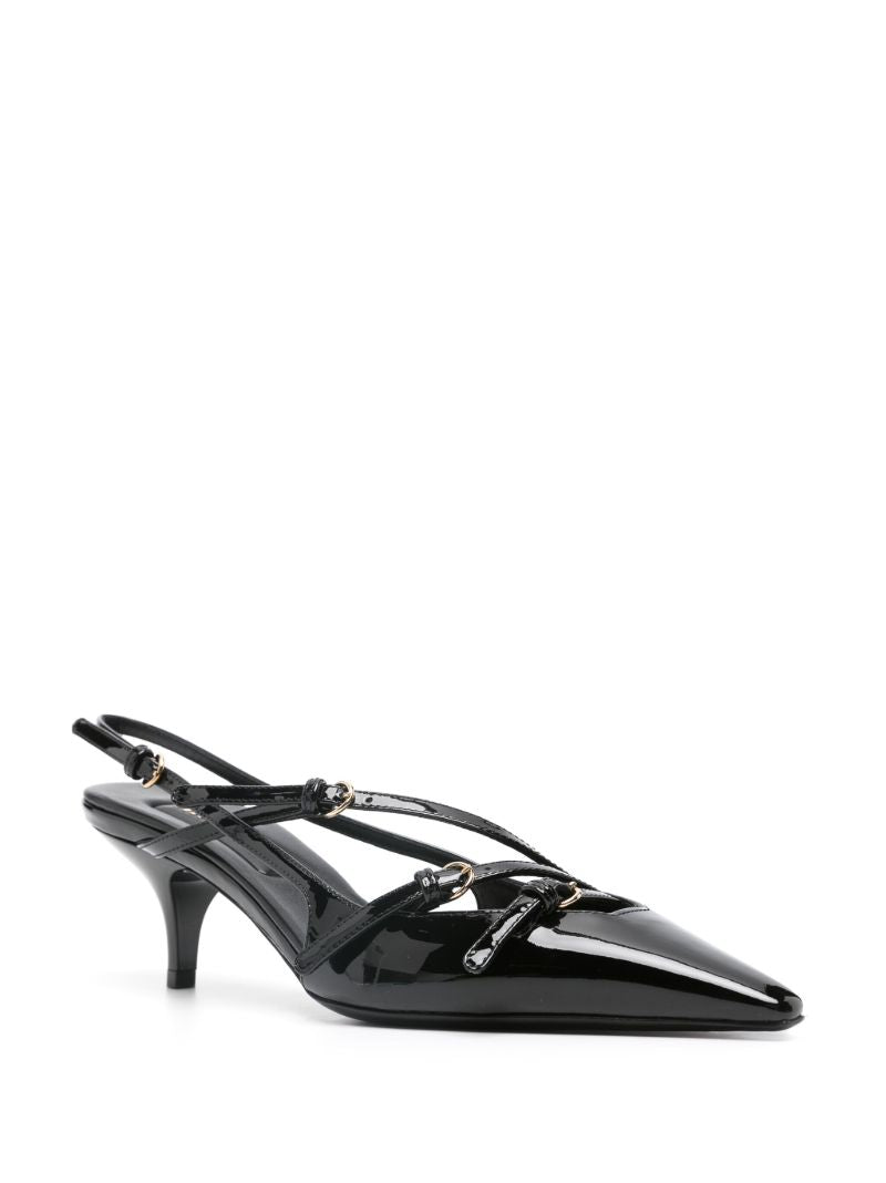 Black Buckled Patent Pumps