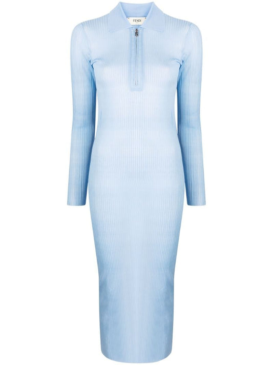 Blue Half-zip Ribbed Midi Dress