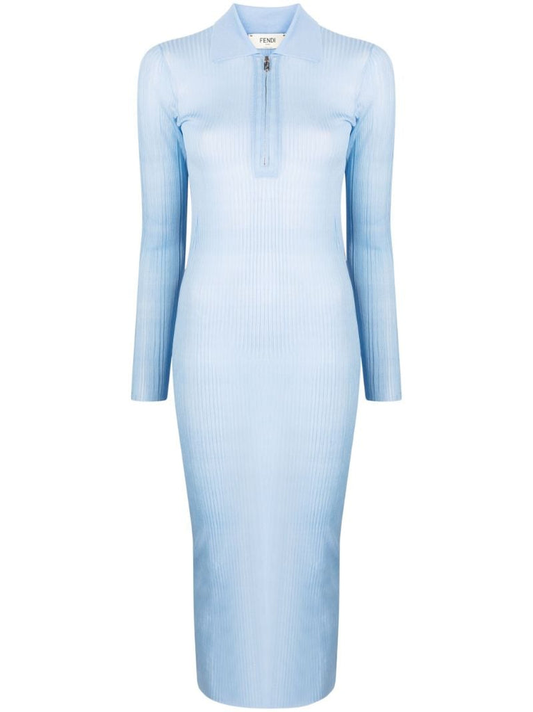 Blue Half-zip Ribbed Midi Dress