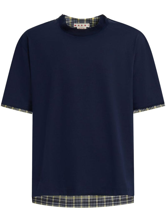 Blue Check-panel Cotton T-shirt