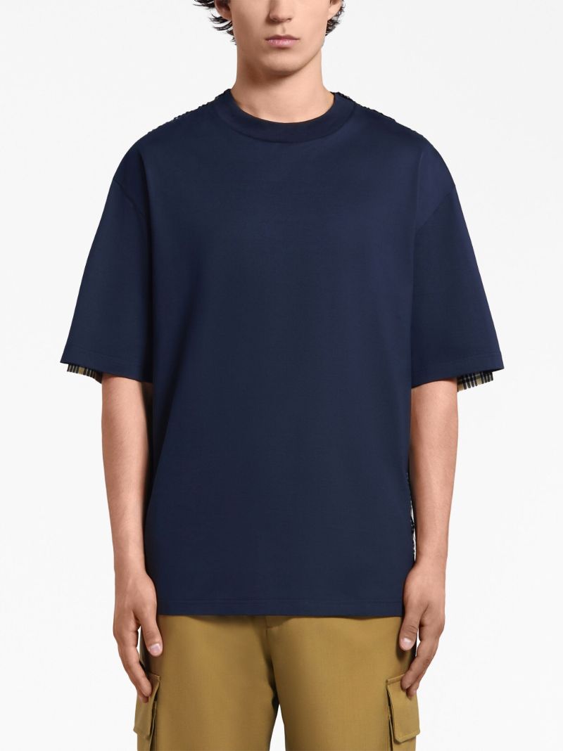 Blue Check-panel Cotton T-shirt