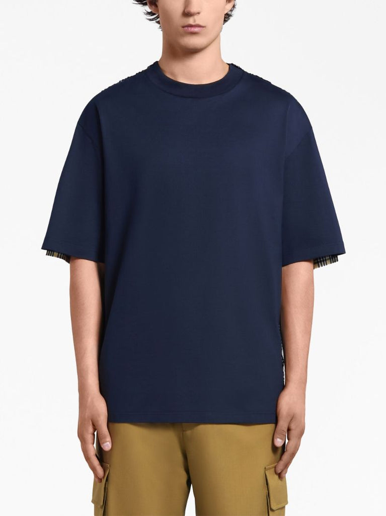 Blue Check-panel Cotton T-shirt