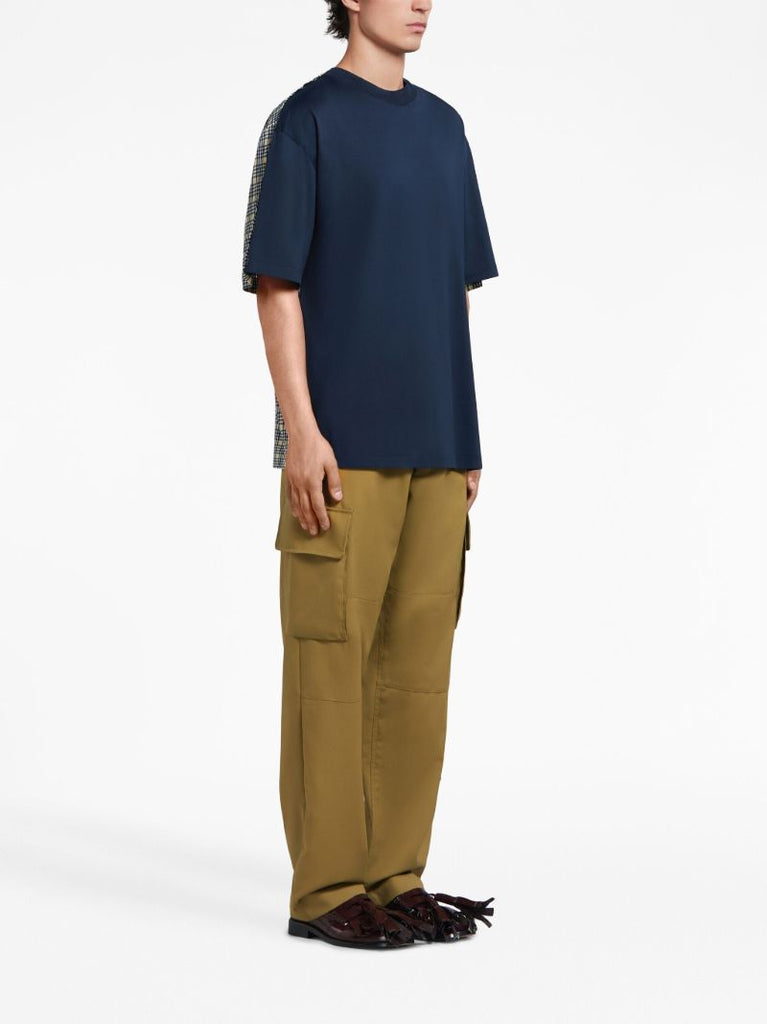 Blue Check-panel Cotton T-shirt
