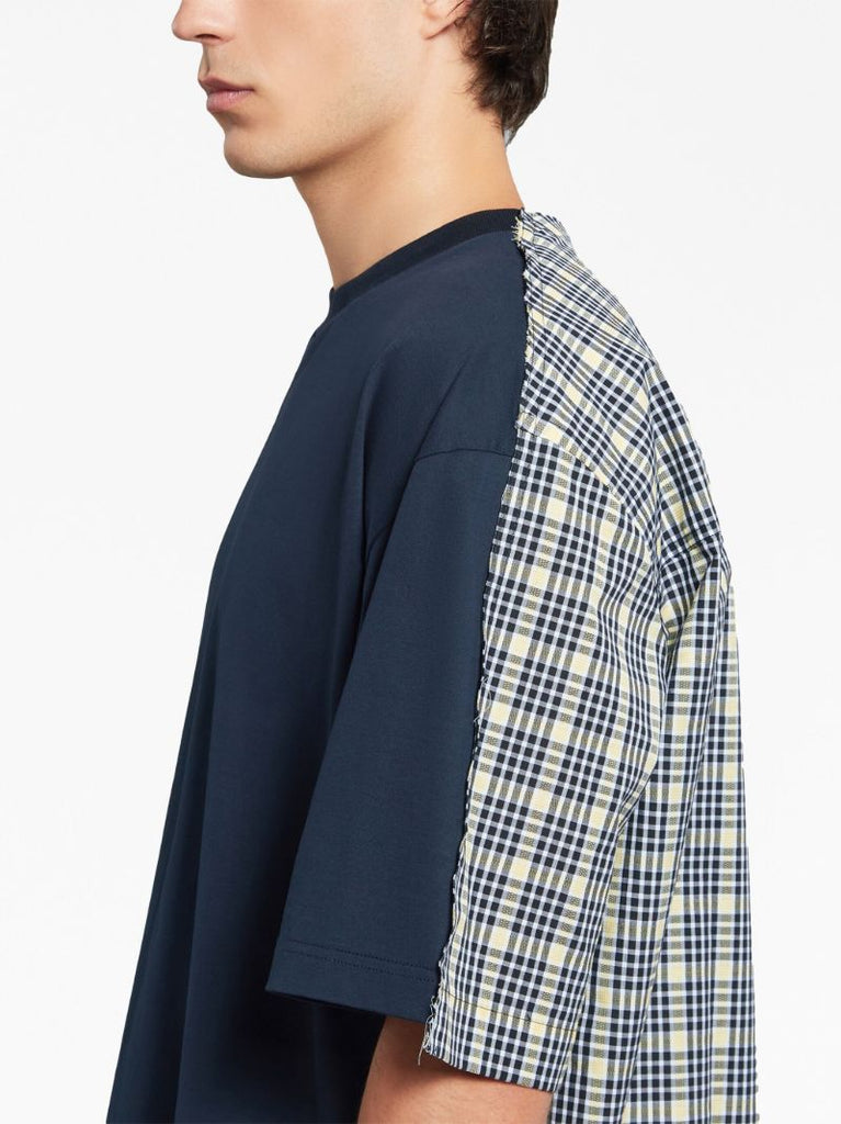 Blue Check-panel Cotton T-shirt